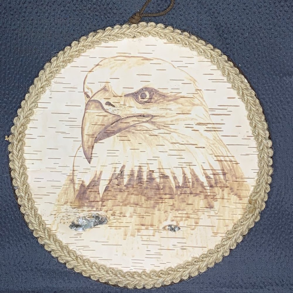 Handmade Birch Bark Pyrography Eagle Portrait Wall Art Wood Burning Patriotic